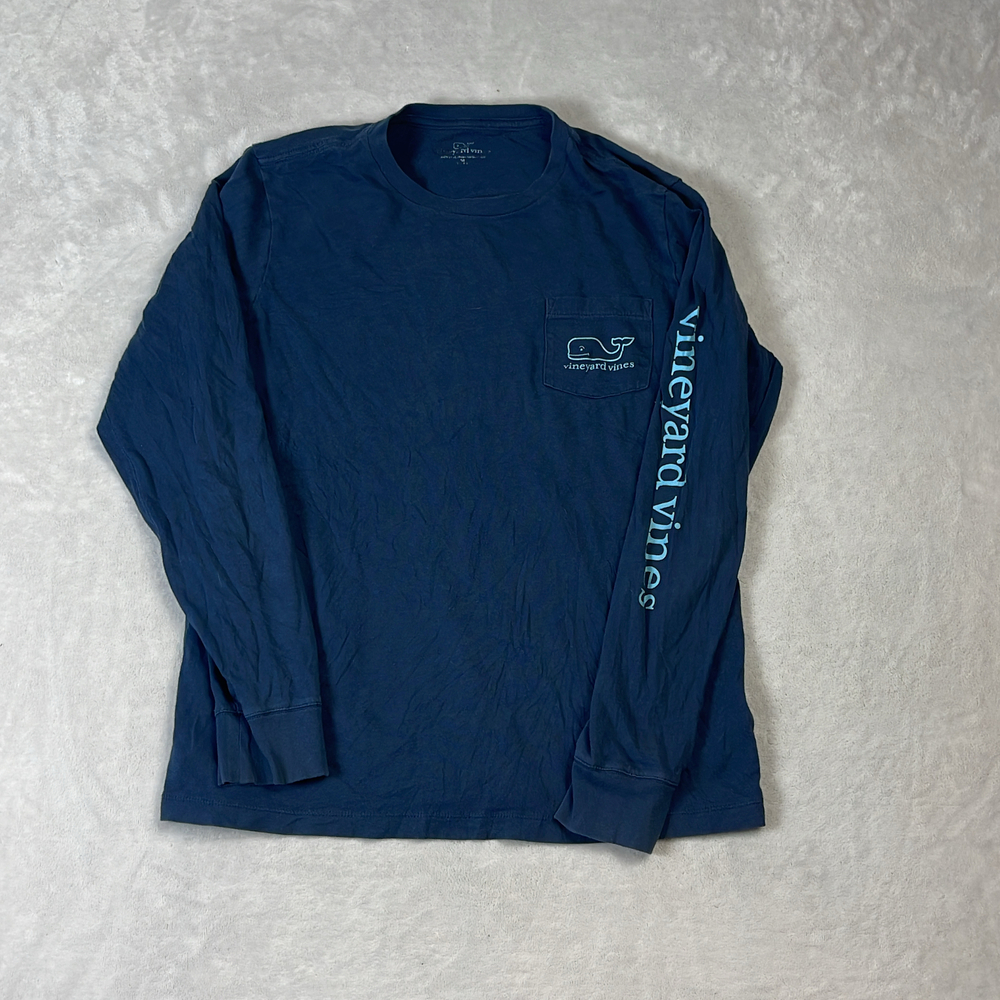 Vineyard Vines Men's T-Shirt Navy Blue Size M Long Sleeve Whale Pocket Spellout